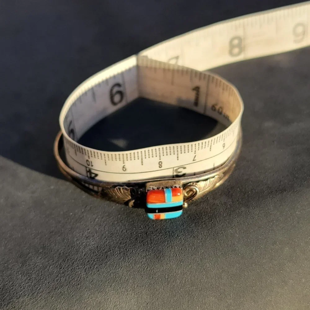 Native American 925 sterling silver square inlay squash blossom vintage bracelet - Picture 6 of 15